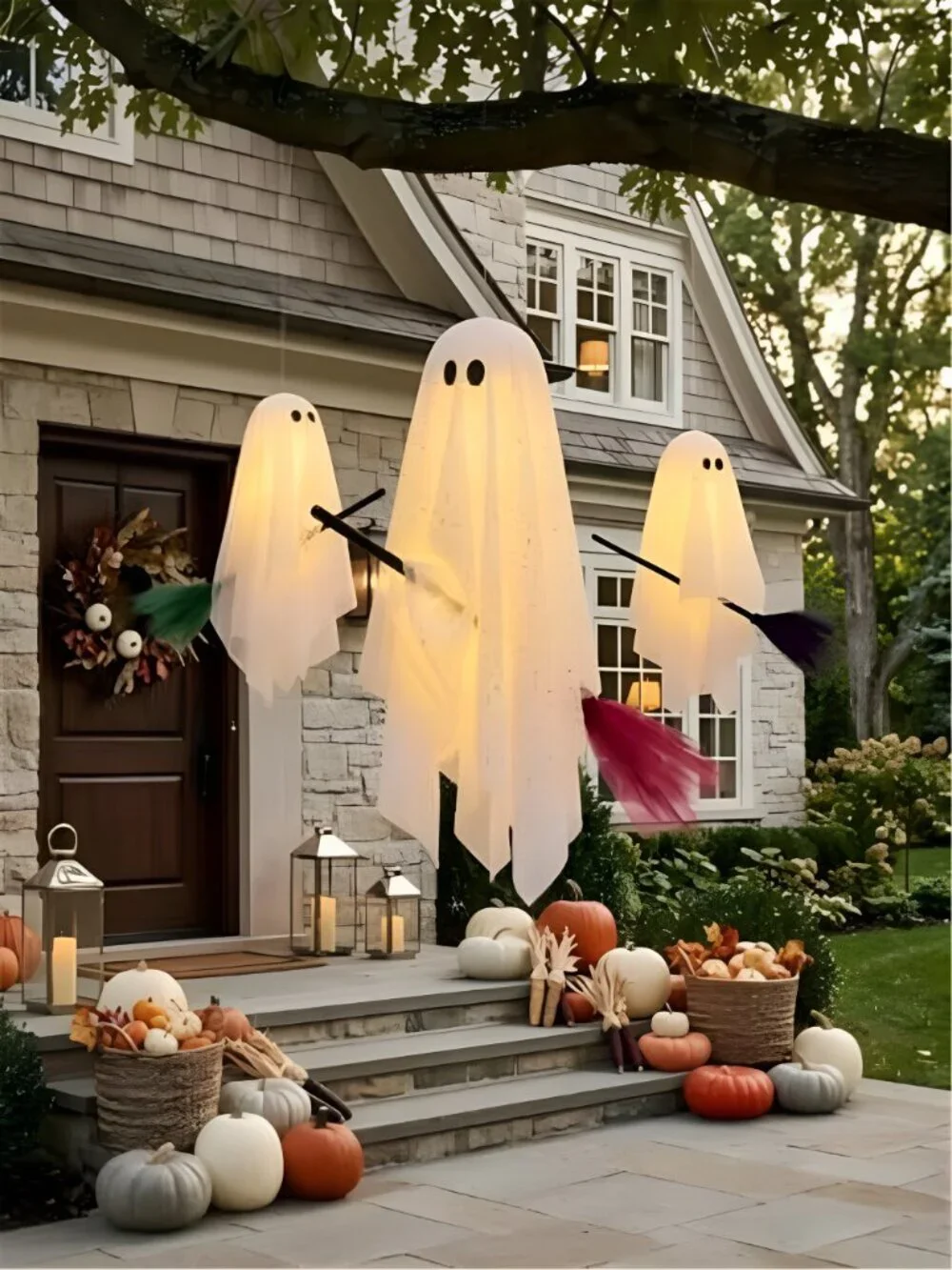 Halloween Decorations Outdoor, 3 Pack Hanging Light Up Ghosts on Brooms